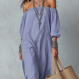 Blue And White Striped Off-the-shoulder Loose-fitting Resort Dress