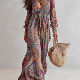 Vintage Paisley Print V neck Dress With Tie Waist