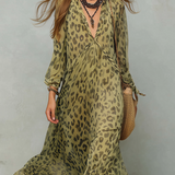 Olive Green Leopard Print Chiffon Long-sleeved Bohemian Dress