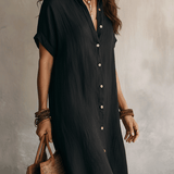Modern Boho Effortless Black Linen Relaxed Midi Dress