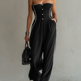 Black Textured Ribbon Trim Strapless Jumpsuit
