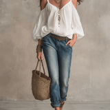 Relaxed V-Neck Cold-Shoulder Boho Blouse