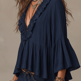 Effortless Deep Blue Ruffle Boho Blouse