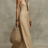 Relaxed Soft Drape Halter Column Linen Halter Maxi Dress
