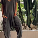 Casual V-neck Solid Color Jumpsuit