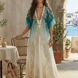 Elegant Coastal Breeze Aqua Ombre Kaftan Maxi Dress