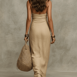 Relaxed Soft Drape Halter Column Linen Halter Maxi Dress