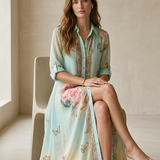 Baroque Style Mint Green Chiffon Floral Maxi Dress