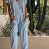 Casual V-neck Solid Color Jumpsuit