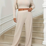 Stylish White Plus Size Ribbed Top and Pants Set for Women - Krystal Collection