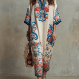 Bohemian Floral Paisley Kaftan Midi Dress In Ivory Blue