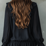 Romantic Bohemian Ruffle Trim V-Neck Lightweight Black Blouse