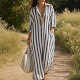 Casual Striped Shirt Bohemian Style Maxi Dress