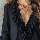Romantic Bohemian Ruffle Trim V-Neck Lightweight Black Blouse