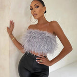 Crop Top | Strapless | Imitation Feather | Zip Up | Party