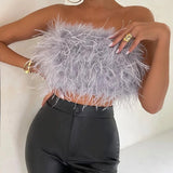 Crop Top | Strapless | Imitation Feather | Zip Up | Party
