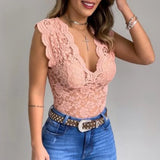 Lace Top – Sleeveless Sheer V-Neck Lace Top for Women