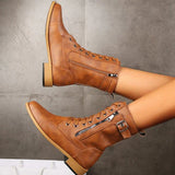 Evie - Trendy Chunky Boots with Stylish Cross Strap and Zipper Detail