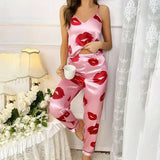 Rhea - Luxury Satin Pyjamas Set with Lip Print for Women