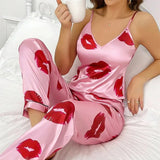 Rhea - Luxury Satin Pyjamas Set with Lip Print for Women