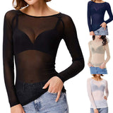 Sheer Long Sleeve Top – Black – White – Mesh Long Sleeve Top – Women's Clothing