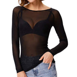 Sheer Long Sleeve Top – Black – White – Mesh Long Sleeve Top – Women's Clothing