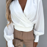 White Blouse – Long Sleeve – Lantern Sleeve – V-Neck Blouse for Women