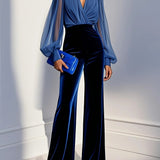 Blue mesh V-neck long-sleeved velvet jumpsuit