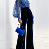 Zaira - Long Velvet Jumpsuit with V-Neck and Long Blue Mesh Sleeves