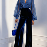 Zaira - Long Velvet Jumpsuit with V-Neck and Long Blue Mesh Sleeves