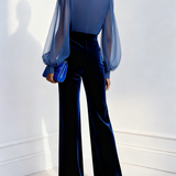Zaira - Long Velvet Jumpsuit with V-Neck and Long Blue Mesh Sleeves