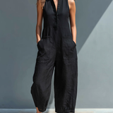 Black Minimalist Faux Linen Button-down Collar Sleeveless Loose-fitting Jumpsuit