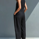 Black Minimalist Faux Linen Button-down Collar Sleeveless Loose-fitting Jumpsuit