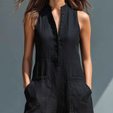 Black Minimalist Faux Linen Button-down Collar Sleeveless Loose-fitting Jumpsuit