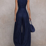 Dark Blue Striped Keyhole Neckline Wide-leg Jumpsuit