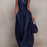 Dark Blue Striped Keyhole Neckline Wide-leg Jumpsuit