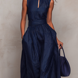 Dark Blue Striped Keyhole Neckline Wide-leg Jumpsuit