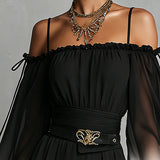 Black And White Gradient Off-shoulder Gradient Chiffon Jumpsuit(with belt)