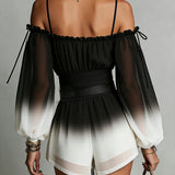 Black And White Gradient Off-shoulder Gradient Chiffon Jumpsuit(with belt)