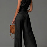 Black V-neck Sleeveless Zip-up Pleated Wide-leg Chiffon Jumpsuit