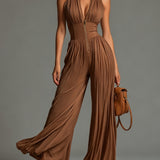 Brown V-neck Sleeveless Zip-up Pleated Wide-leg Chiffon Jumpsuit