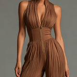 Brown V-neck Sleeveless Zip-up Pleated Wide-leg Chiffon Jumpsuit