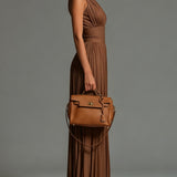 Brown V-neck Sleeveless Zip-up Pleated Wide-leg Chiffon Jumpsuit