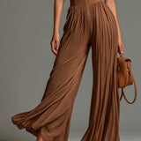 Brown V-neck Sleeveless Zip-up Pleated Wide-leg Chiffon Jumpsuit