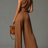 Brown V-neck Sleeveless Zip-up Pleated Wide-leg Chiffon Jumpsuit