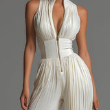 White V-neck Sleeveless Zip-up Pleated Wide-leg Chiffon Jumpsuit
