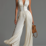 White V-neck Sleeveless Zip-up Pleated Wide-leg Chiffon Jumpsuit
