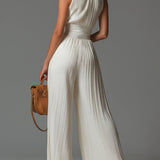 White V-neck Sleeveless Zip-up Pleated Wide-leg Chiffon Jumpsuit