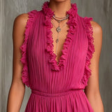 Fuchsia Ruffle Trim Pleated Chiffon Lace Jumpsuit