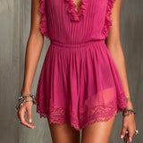 Fuchsia Ruffle Trim Pleated Chiffon Lace Jumpsuit